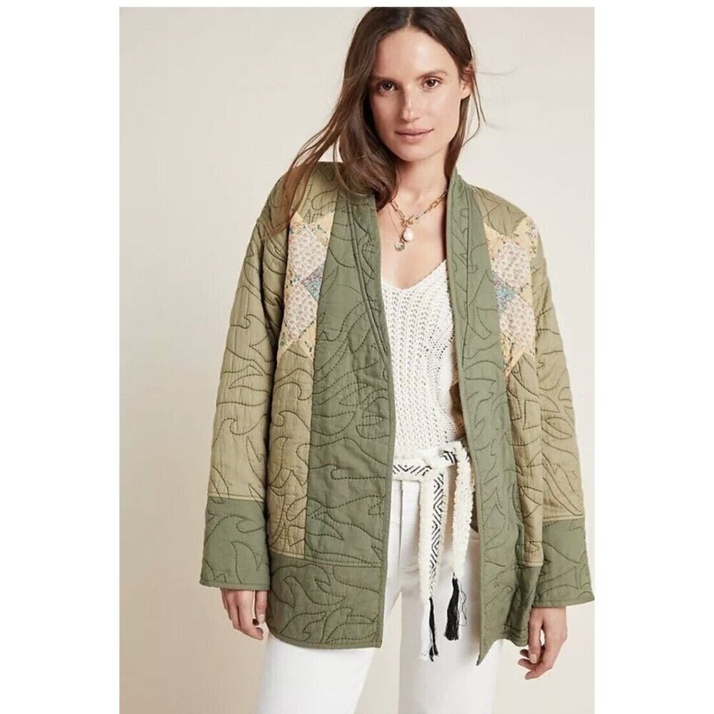 Anthropologie Quilted‎ Patchwork Kimono Jacket Moss Green Sz Large NEW LP Petite - Picture 5 of 13